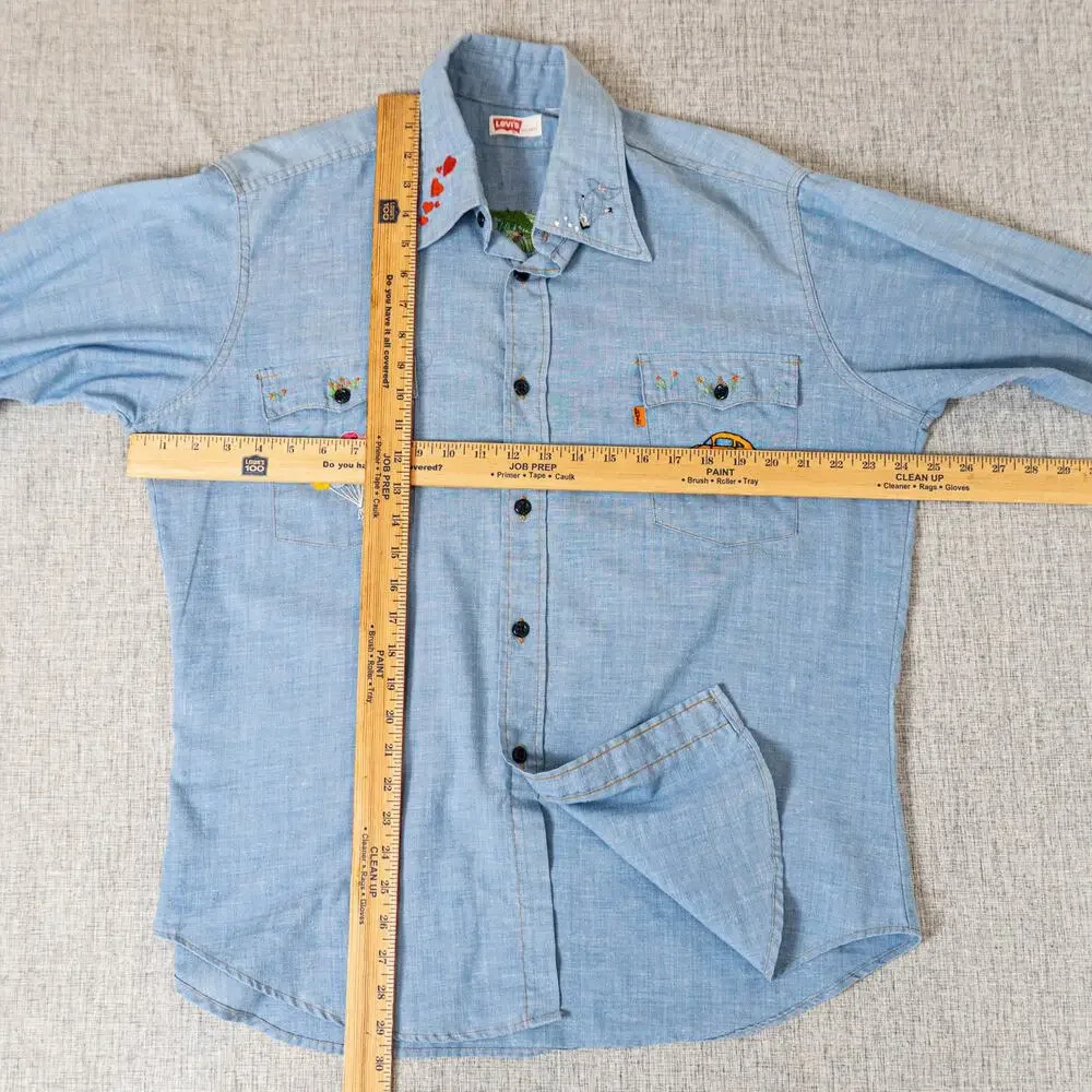 Vintage 70s Levi's Orange tab Embroidered Chambray Shirt blue sz XL